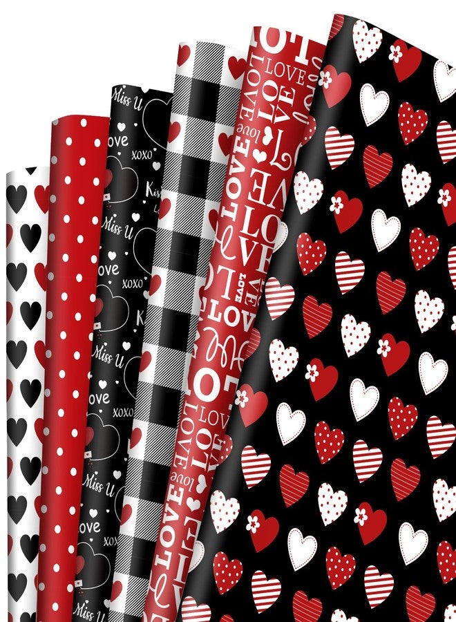 Whaline 12 Sheet Valentine's Day Wrapping Paper Heart Love Plaid Gift Wrap Paper Bulk Folded Flat Black Red Craft Paper for DIY Crafts Wedding Anniversary Party Gift Packing Supplies, 19.7 x 27.6 Inch - Image 1